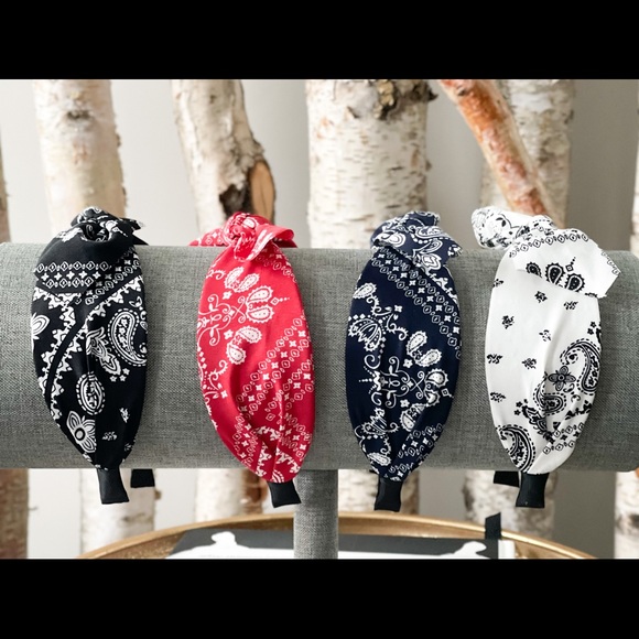 New White Paisley bandana print fabric top bow knot flexible comfy headband - Picture 9 of 10